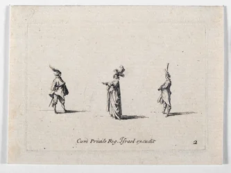 Une dame au chapeau à plumes et deux cavaliers, de ... (gravure)