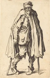 Mendiant avec béquilles et sac