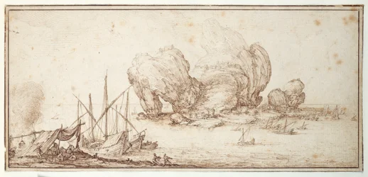 Rochers fantastiques, fortifiés. Navigation. Bivouac des marins en vue de leur embarcation (Le Grand Rocher)