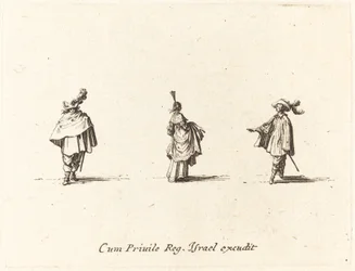 Dame avec robe relevée, et deux messieurs