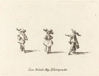 Dame avec de grandes plumes et deux messieurs