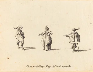 Dame avec un bras tendu, et deux gentilshommes