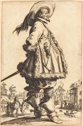 Noble homme avec manteau bordé de fourrure, tenant ses mains derrière son dos