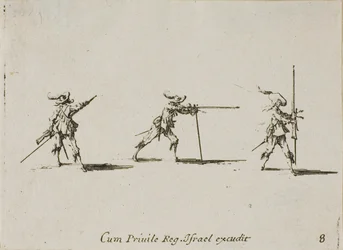 Prise de position de tir avec le mousquet, planche huit des Exercices militaires