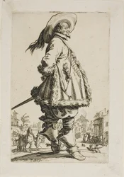 Le gentilhomme en manteau bordé de fourrure, tenant ses mains derrière son dos, planche sept de La Noblesse