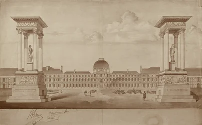 Plan pour les monuments commémorant le 14 juillet et le 10 août, à placer à la Place du Carrousel (plume et encre sur papier)
