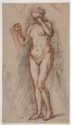 Figure de modèle féminin avec les bras levés, la gauche devant les yeux