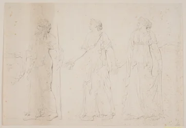 Offrande (?) Trois figures marchant en vêtements grecs. Devant, un homme portant une amphore et un bâton ou une torche, suivi de deux femmes