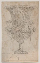Vase ornemental avec deux putti (sirènes?). Copie d