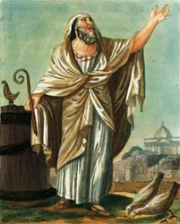Augure, par Jacques Grasset de Saint-Sauveur, gravure de la Rome antique, ou description historique et picturale de tout ce qui concerne le peuple romain, leur vie militaire, coutumes, vie religieuse et publique