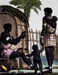 Femmes Issinia travaillant le riz, gravure en couleur d