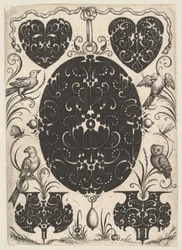 Pendentif ovale décoré de Schweifwerk, entouré de motifs plus petits et de quatre oiseaux, vers 1614-19