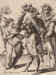 Cupidon aux yeux bandés tenant une torche devant un couple, attribué à Zacharias Dolendo, 1595-6