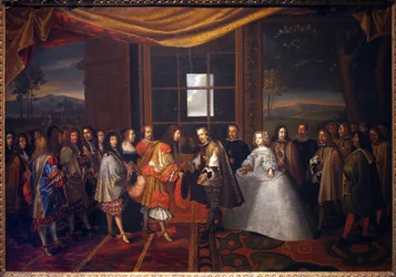 Guerre de Trente Ans : Entrevue du roi de France Louis XIV (1638-1715) et de Philippe IV d
