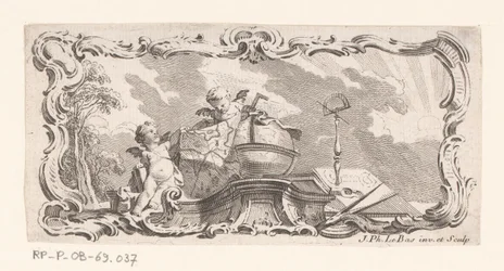 Vignette avec deux putti avec carte, globe et instruments de mesure
