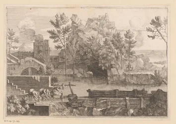 Paysage avec lac et trois femmes se lavant