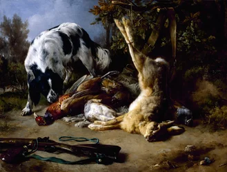 Épagneul avec une nature morte de gibier mort