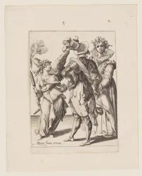 Cupidon aux yeux bandés tenant une torche devant un couple, extrait de The Masquerades (Les mascarades)