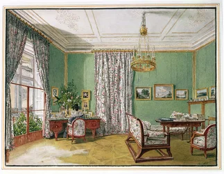 Une dame à son bureau dans un salon Biedermeier, vers 1821