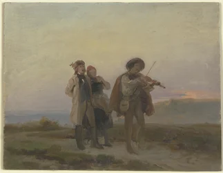 Promenade du soir, violoniste et couple de paysans dans les champs