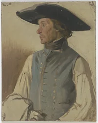 Paysan au grand chapeau et au gilet bleu