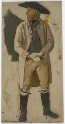 Paysan au grand chapeau, veste blanche et bottes à revers