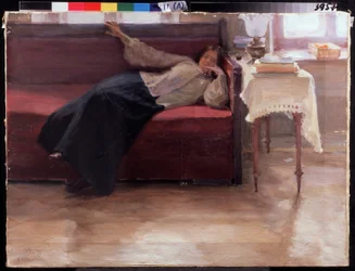 ""Songes"" jeune fille pensive allongée sur un divan. Peinture de Jakov Kalinichenko (1869-1938) 1904 State Regional I. Pozhalostin Art Museum, Ryasan