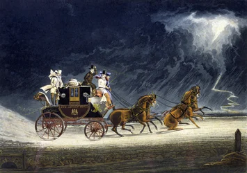 Le carrosse postal dans un orage (gravé par R.G. Reeve)