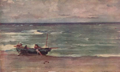 Harmonie en bleu et argent : échouage du bateau, Étretat, vers 1897