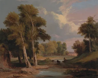 Paysage fluvial boisé avec pêcheurs