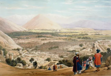 Kaboul depuis la citadelle, montrant la vieille ville fortifiée, Première guerre anglo-afghane 1838-1842