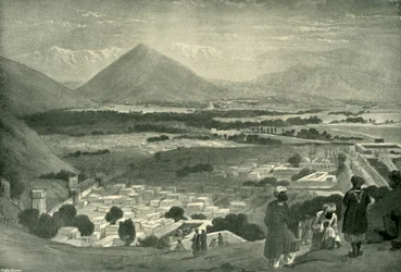 Le Bala Hissar et la ville de Kaboul depuis la partie supérieure de la citadelle, vers 1842