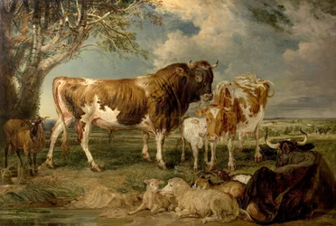 Taureau, Vache et Veau dans un Paysage