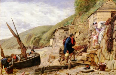 Bienvenue, Bonny Boat! Le retour du pêcheur, scène à Clovelly, North Devon, 1856