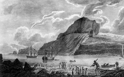 Île Kerguelen, vue de la baie de Noël, dessin de William Hodges, gravure de William Watts, illustration du Voyage vers le pôle Sud et autour du monde, par James Cook