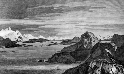 Vue de Christmas Sound, Terre de Feu, illustration du Voyage vers le Pôle Sud et autour du monde, par James Cook, édition publiée à Paris en 1778