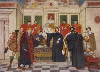 Le Marchand de Venise de Shakespeare : Shylock, Portia, Bassanio, Antonio, Gratiano et Nerissa (lithographie en couleur)