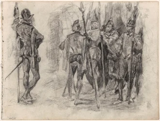 Esquisses de personnages et de cinq soldats espagnols avec des lances