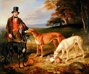 Thomas Harris, maître-chenil de Tom Llewelyn Brewer, avec des lévriers