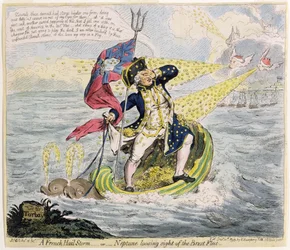 Une tempête de grêle française, ou Neptune perdant de vue la flotte de Brest, publiée par Hannah Humphrey en 1793