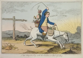 Un Soleil se couchant dans le Brouillard, avec le Vieux Hack de Hanovre défendant, publié par J. Williams en 1783