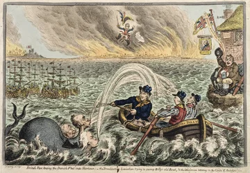 Marins britanniques remorquant la flotte danoise au port, ou Le Léviathan à Large Fond essayant de submerger le vieux Bateau de Billy, et le petit Corse chancelant sur les Nuages de l