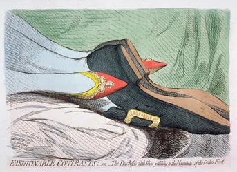 Contrastes à la mode, ou la petite chaussure de la duchesse cédant à la grandeur du pied du duc, publié par Hannah Humphrey en 1792