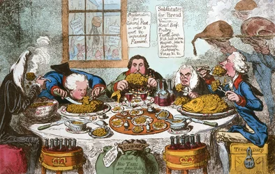 Substitutes for Bread, or Right Honourables Saving the Loaves  Dividing the Fishes, publié par Hannah Humphrey en 1795 (gravure à l