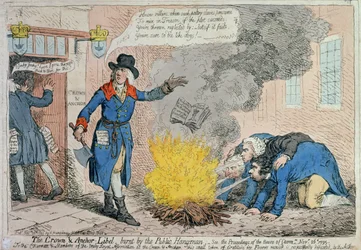 Le libelle de Crown und Anchor brûlé par le bourreau public, publié par Hannah Humphrey en 1795