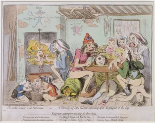 Un Petit Souper à la Parisienne, ou Une Famille de Sans-Culottes se rafraîchissant après les fatigues de la journée, publié par Hannah Humphrey en 1792 (eau-forte colorée à la main)