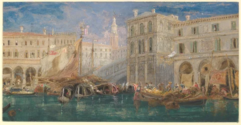 Le marché aux oranges, avec le pont du Rialto à l