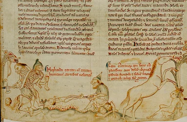 Manuscrit anglais du XIIIe siècle montrant des troupes mongoles commettant des atrocités...