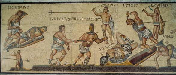 Mosaïque romaine montrant des gladiateurs se battant avec diverses armes. Galleria Borghese