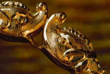 Un bracelet en or fait main avec deux têtes de requin se heurtant. Amérique du Sud.